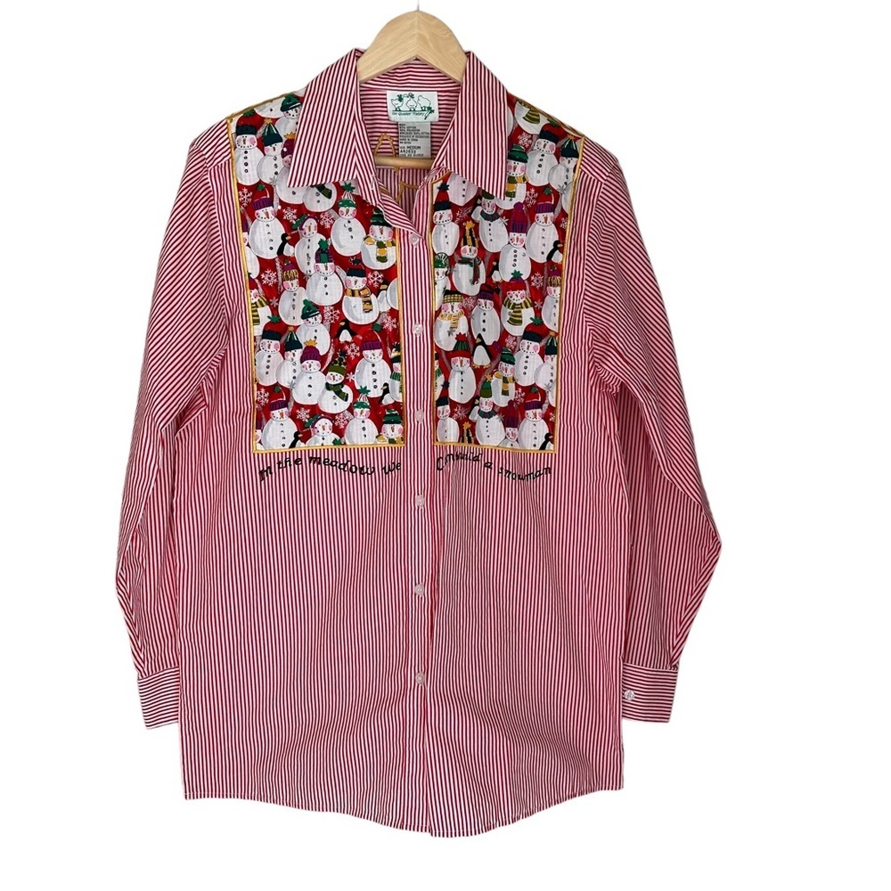 Quacker Factory‎  Red Striped Button Up Shirt Snowmen Embellish Winter Size: M
